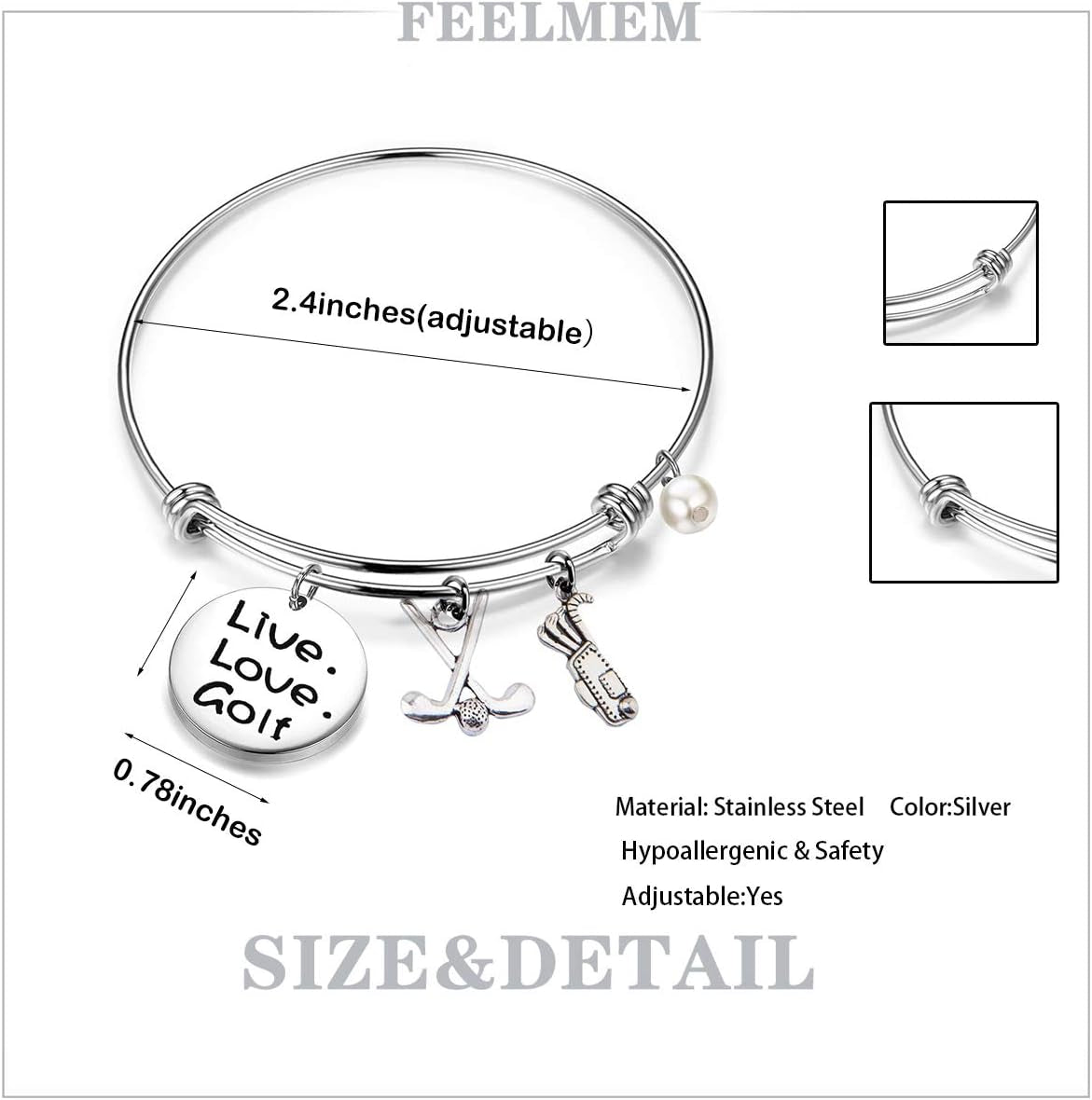 Golf Bracelet Live Love Golf Expandable Charm Bracelet Golf Jewelry Gift for Golf Lover/Golf Club/Golf Team（Silver）